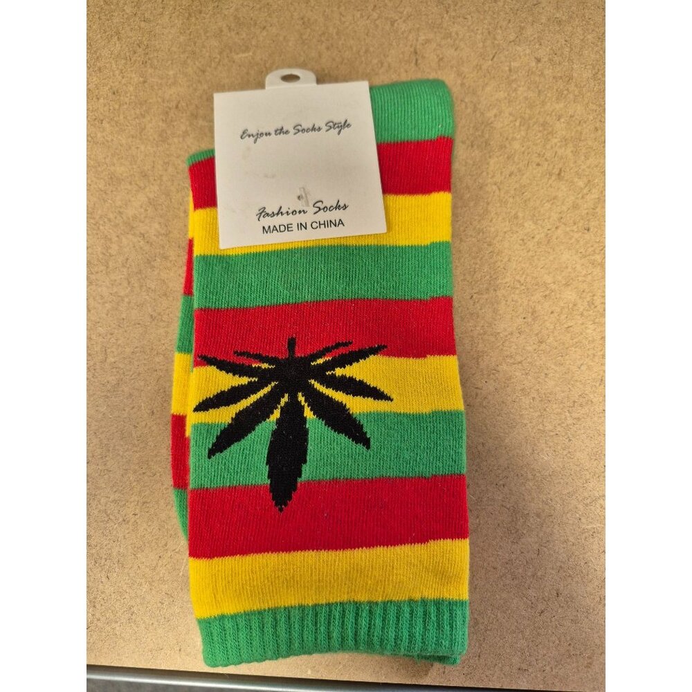 Rasta-Inspired Striped Socks With Black Leaf Design